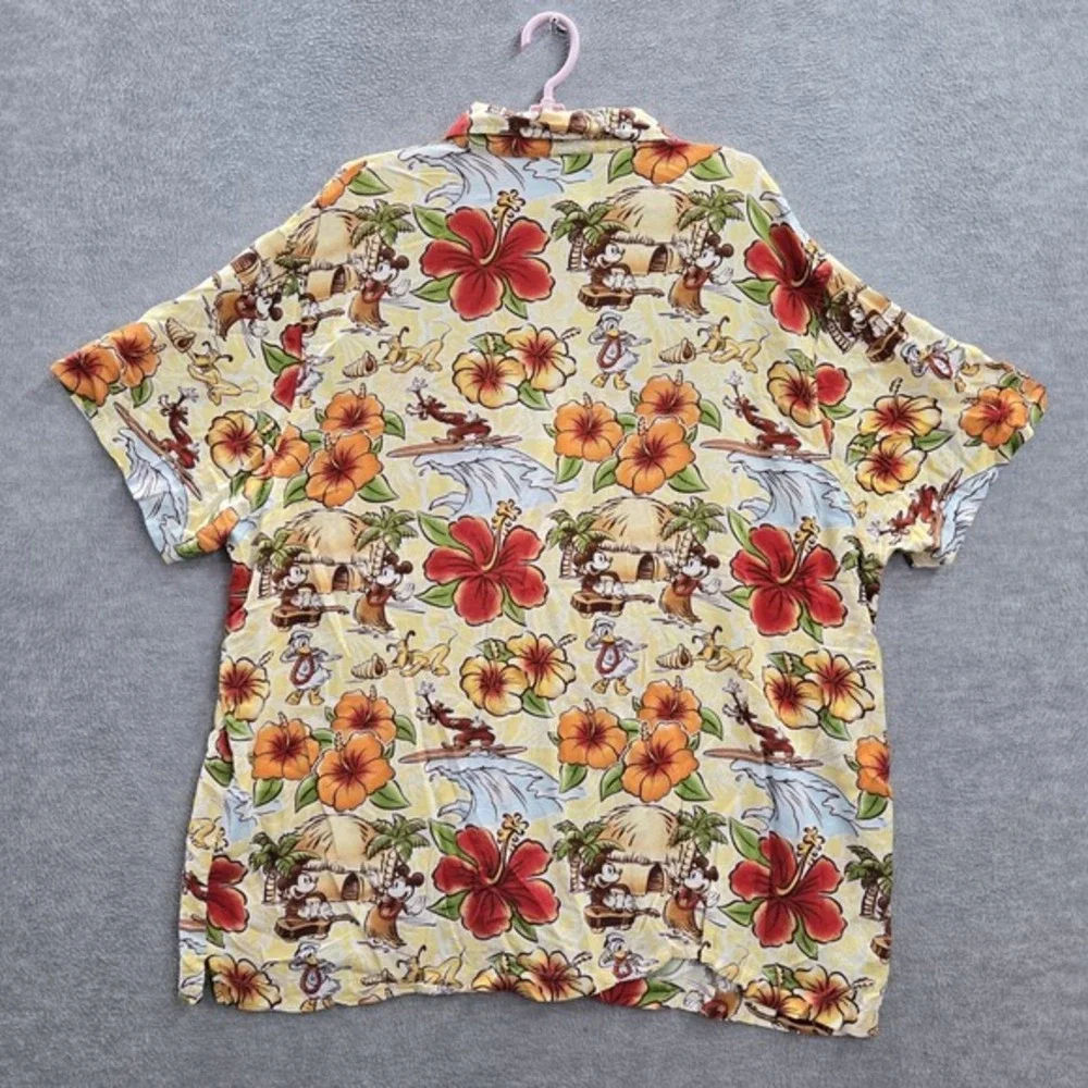 Disney‎ Parks Men Button Up Shirt 2XL Yellow Floral Hawaiian Mickey Minnie Mouse